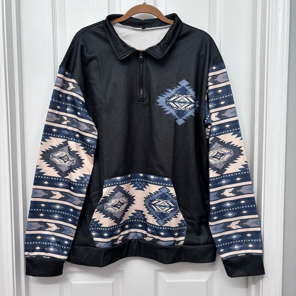 Black Aztec Print Half-Zip Pullover | Size XL
